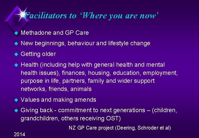 Facilitators to ‘Where you are now’ u Methadone and GP Care u New beginnings,