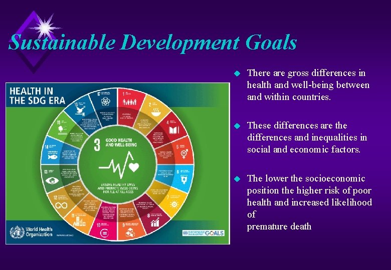 Sustainable Development Goals u There are gross differences in health and well-being between and