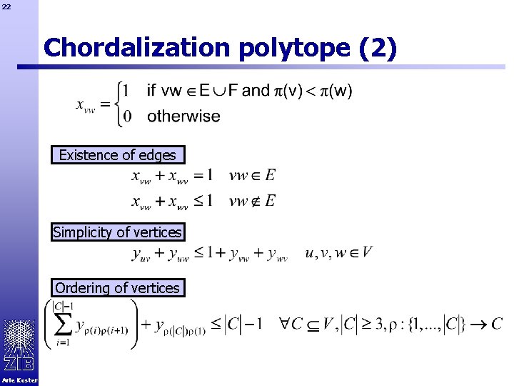 22 Chordalization polytope (2) Existence of edges Simplicity of vertices Ordering of vertices Arie