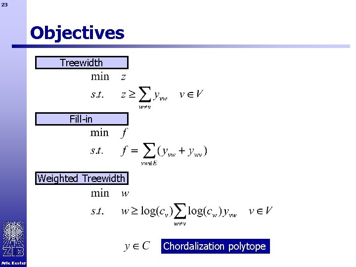 23 Objectives Treewidth Fill-in Weighted Treewidth Chordalization polytope Arie Koster 