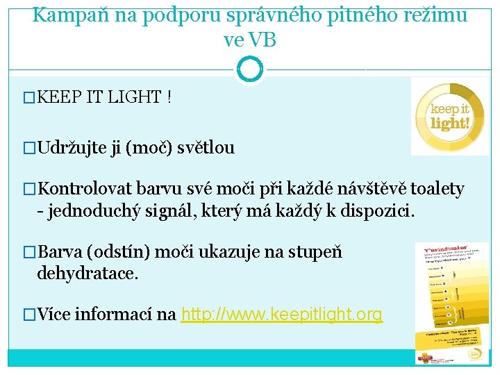 Kampaň na podporu správného pitného režimu ve VB �KEEP IT LIGHT ! �Udržujte ji