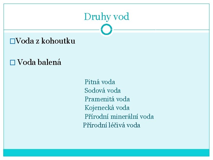 Druhy vod �Voda z kohoutku � Voda balená Pitná voda Sodová voda Pramenitá voda