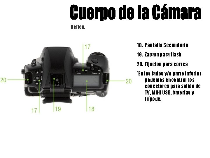 Reflex. 18. Pantalla Secundaria 19. Zapata para flash 20. Fijación para correa *En los