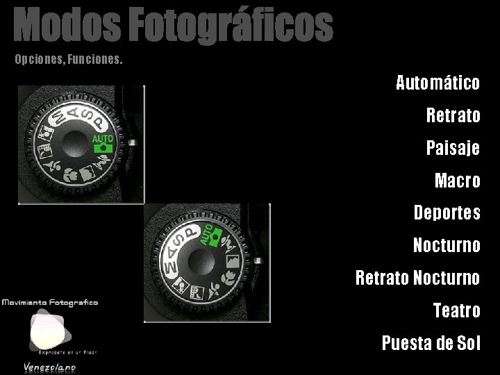 Opciones, Funciones. Automático Retrato Paisaje Macro Deportes Nocturno Retrato Nocturno Teatro Puesta de Sol