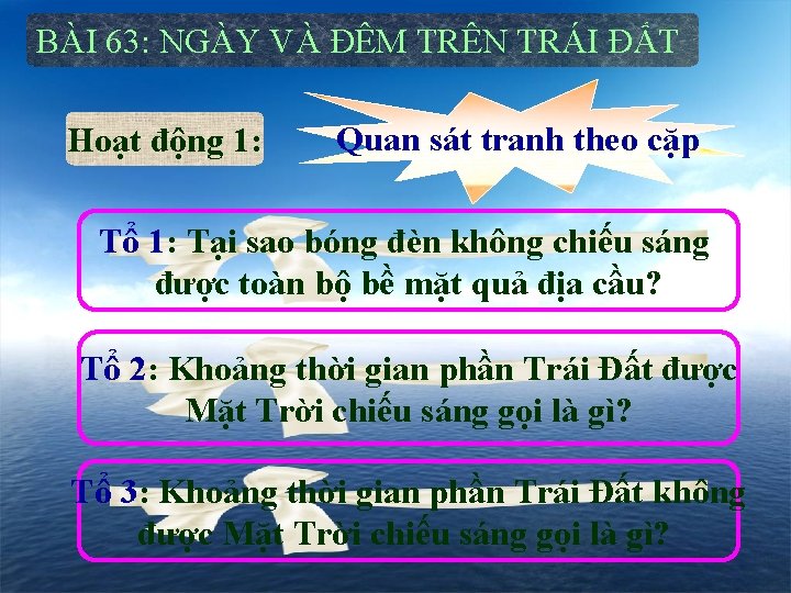 BÀI 63: NGÀY VÀ ĐÊM TRÊN TRÁI ĐẤT Hoạt động 1: Quan sát tranh