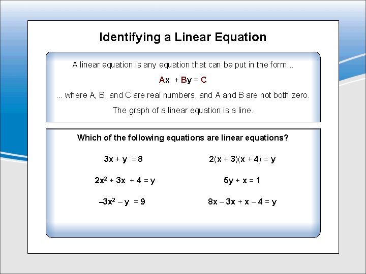 Identifying a Linear Equation A linear equation is any equation that can be put