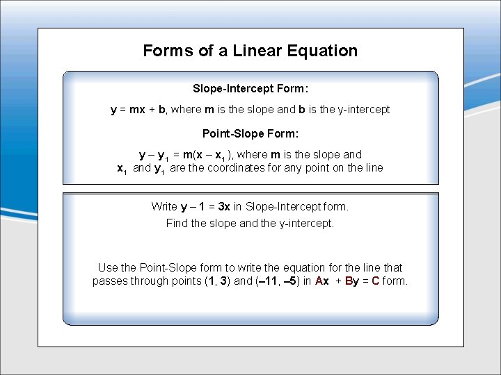 Forms of a Linear Equation Slope-Intercept Form: y = mx + b, where m