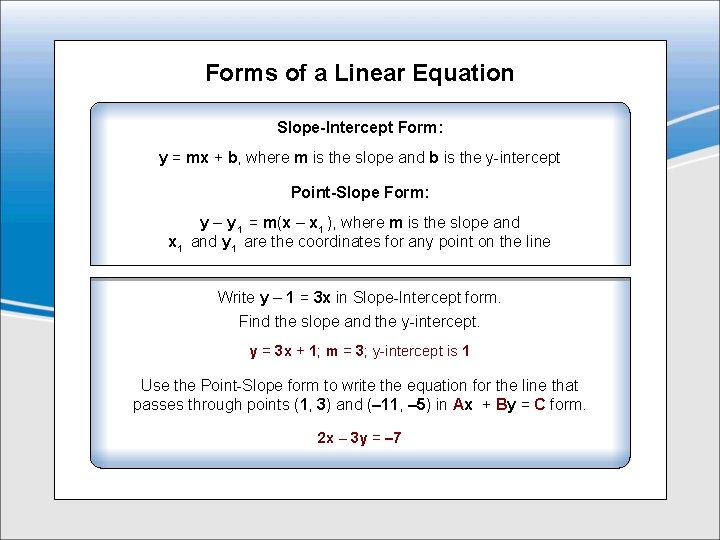 Forms of a Linear Equation Slope-Intercept Form: y = mx + b, where m