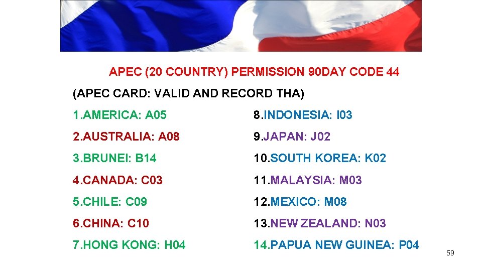 APEC (20 COUNTRY) PERMISSION 90 DAY CODE 44 (APEC CARD: VALID AND RECORD THA)