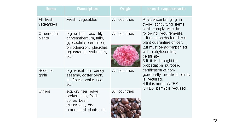 Items Description Origin All fresh vegetables Fresh vegetables All countries Ornamental plants e. g.
