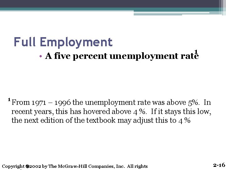 Full Employment 1 • A five percent unemployment rate 1 From 1971 – 1996