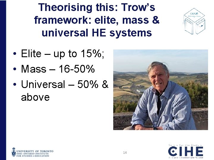 Theorising this: Trow’s framework: elite, mass & universal HE systems • Elite – up Theorising this: Trow’s framework: elite, mass & universal HE systems • Elite – up