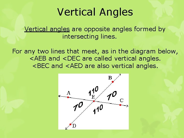 Vertical Angles Vertical angles are opposite angles formed by intersecting lines. For any two