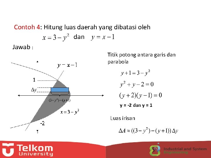 Contoh 4: Hitung luas daerah yang dibatasi oleh dan Jawab : Titik potong antara