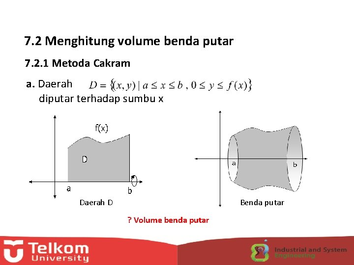 7. 2 Menghitung volume benda putar 7. 2. 1 Metoda Cakram a. Daerah diputar