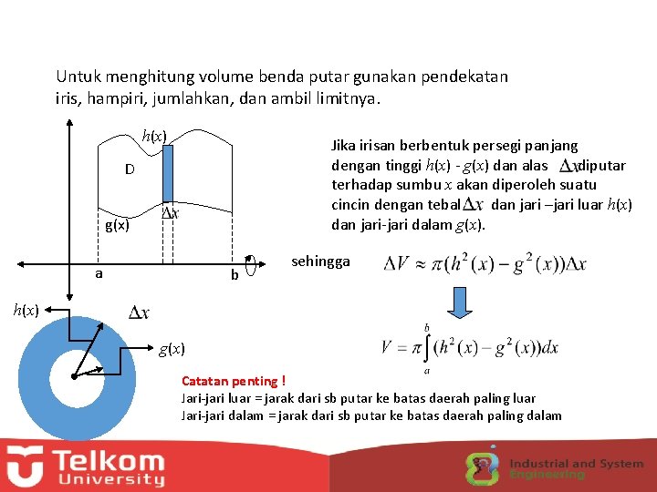 Untuk menghitung volume benda putar gunakan pendekatan iris, hampiri, jumlahkan, dan ambil limitnya. h(x)