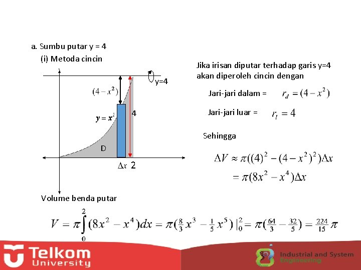 a. Sumbu putar y = 4 (i) Metoda cincin y=4 Jika irisan diputar terhadap