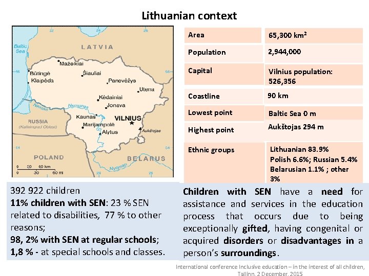 Lithuanian context 392 922 children 11% children with SEN: 23 % SEN related to