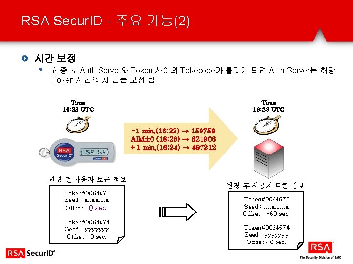 RSA Secur. ID - 주요 기능(2) 시간 보정 • 인증 시 Auth Serve 와