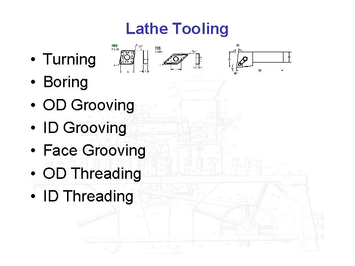 Lathe Tooling • • Turning Boring OD Grooving ID Grooving Face Grooving OD Threading