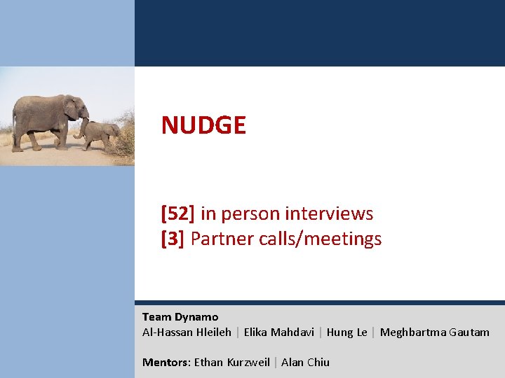 NUDGE [52] in person interviews [3] Partner calls/meetings Team Dynamo Al-Hassan Hleileh | Elika