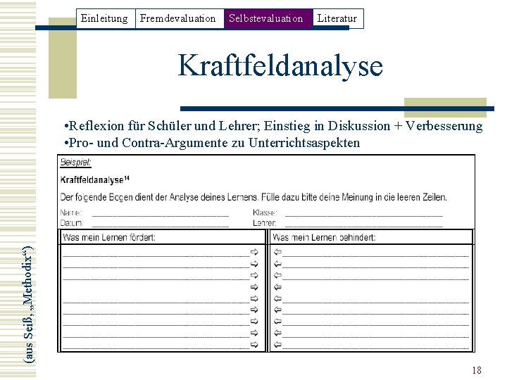 Einleitung Fremdevaluation Selbstevaluation Literatur Kraftfeldanalyse (aus Seiß, „Methodix“) • Reflexion für Schüler und Lehrer;