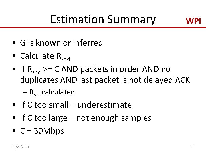 Estimation Summary WPI • G is known or inferred • Calculate Rsnd • If