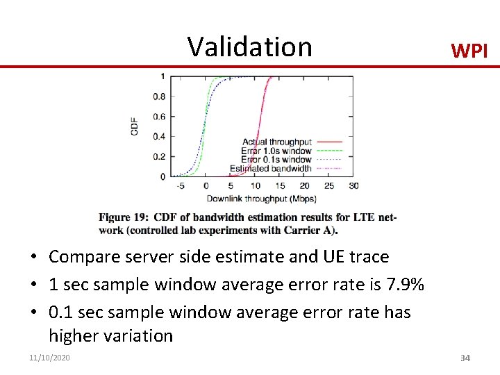 Validation WPI • Compare server side estimate and UE trace • 1 sec sample