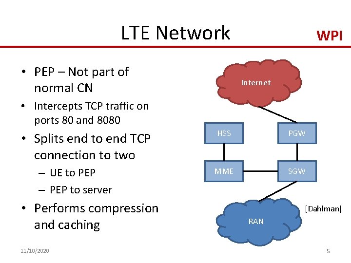 LTE Network • PEP – Not part of normal CN WPI Internet • Intercepts