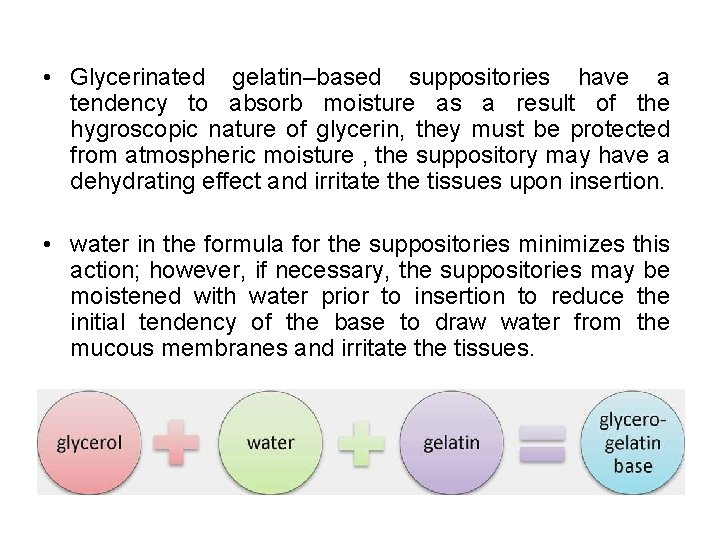  • Glycerinated gelatin–based suppositories have a tendency to absorb moisture as a result