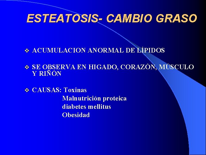 ESTEATOSIS- CAMBIO GRASO v ACUMULACION ANORMAL DE LÍPIDOS v SE OBSERVA EN HIGADO, CORAZÓN,