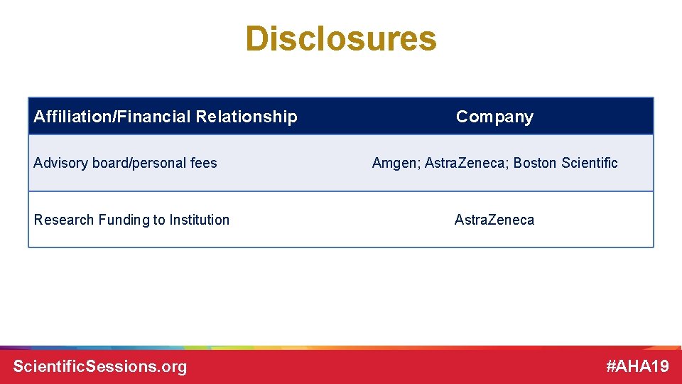 Disclosures Affiliation/Financial Relationship Advisory board/personal fees Research Funding to Institution Scientific. Sessions. org Company