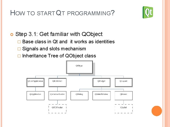 HOW TO START QT PROGRAMMING? Step 3. 1: Get familiar with QObject � Base