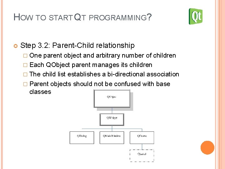 HOW TO START QT PROGRAMMING? Step 3. 2: Parent-Child relationship � One parent object