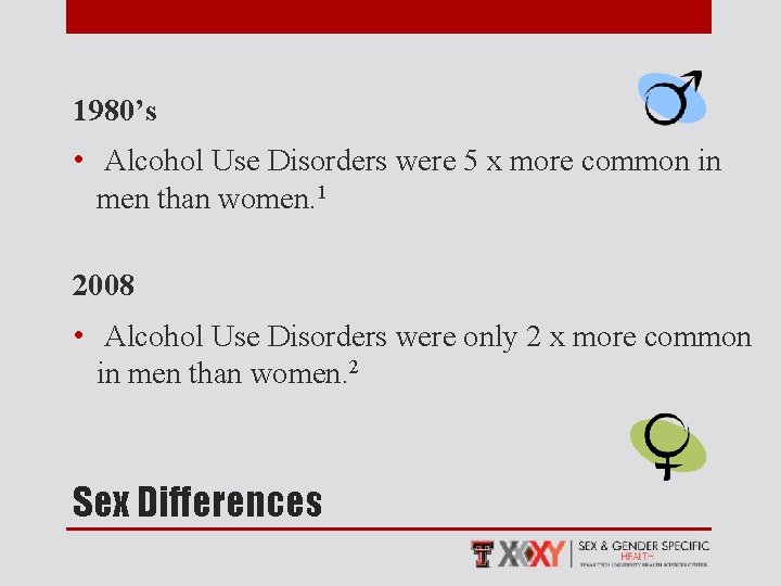 1980’s • Alcohol Use Disorders were 5 x more common in men than women.