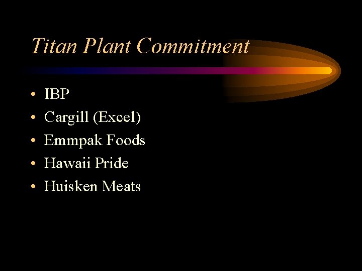 Titan Plant Commitment • • • IBP Cargill (Excel) Emmpak Foods Hawaii Pride Huisken