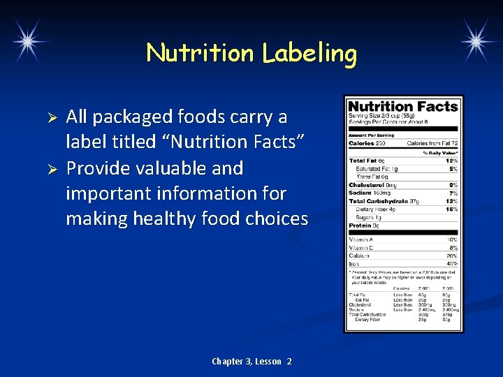 Nutrition Labeling Ø Ø All packaged foods carry a label titled “Nutrition Facts” Provide