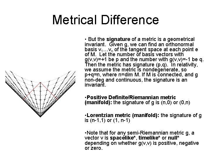 Metrical Difference • But the signature of a metric is a geometrical invariant. Given