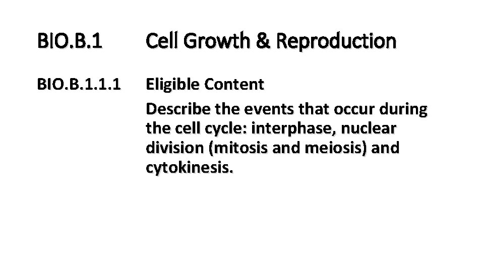 BIO. B. 1 Cell Growth & Reproduction BIO. B. 1. 1. 1 Eligible Content