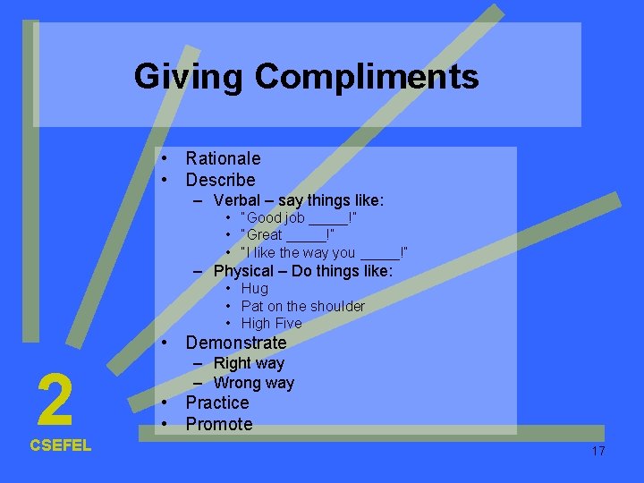 Giving Compliments • Rationale • Describe – Verbal – say things like: • “Good