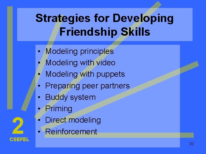 Strategies for Developing Friendship Skills 2 CSEFEL • • Modeling principles Modeling with video Strategies for Developing Friendship Skills 2 CSEFEL • • Modeling principles Modeling with video