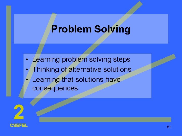 Problem Solving • Learning problem solving steps • Thinking of alternative solutions • Learning Problem Solving • Learning problem solving steps • Thinking of alternative solutions • Learning