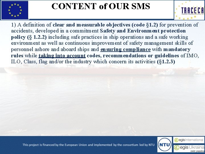 CONTENT of OUR SMS 1) A definition of clear and measurable objectives (code §