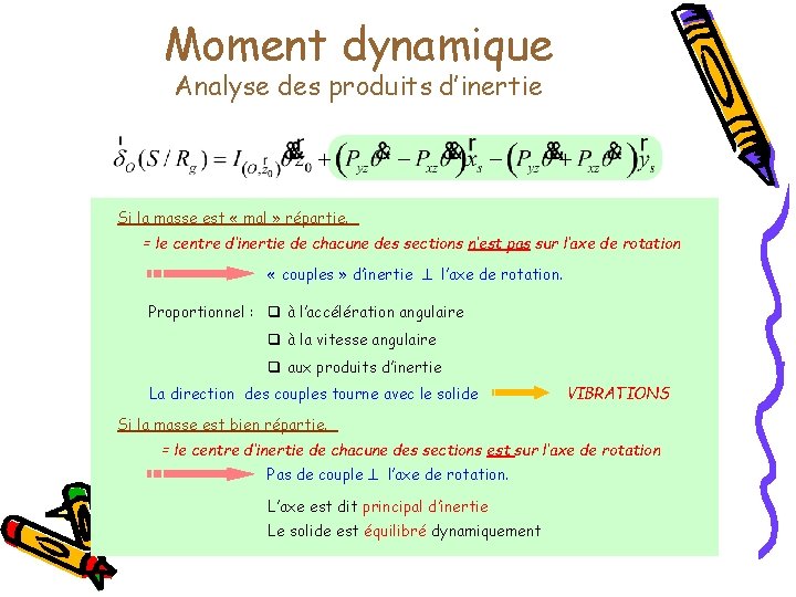 Moment dynamique Analyse des produits d’inertie Si la masse est « mal » répartie.