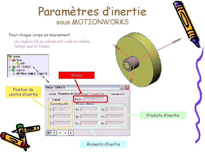 Paramètres d’inertie sous MOTIONWORKS Pour chaque corps en mouvement Un repère lié au solide