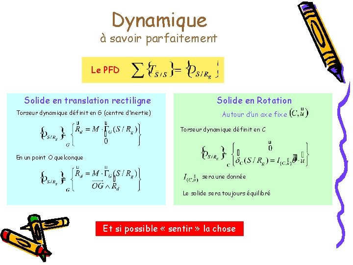 Dynamique à savoir parfaitement Le PFD Solide en translation rectiligne Torseur dynamique définit en