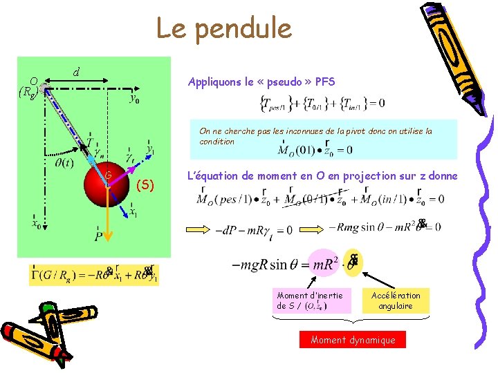 Le pendule O d Appliquons le « pseudo » PFS (Rg) On ne cherche