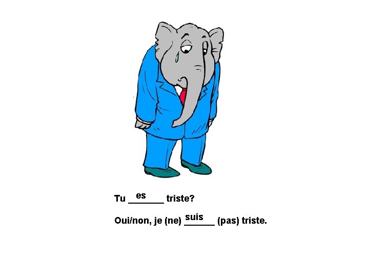 es Tu _______ triste? suis (pas) triste. Oui/non, je (ne) ______ 
