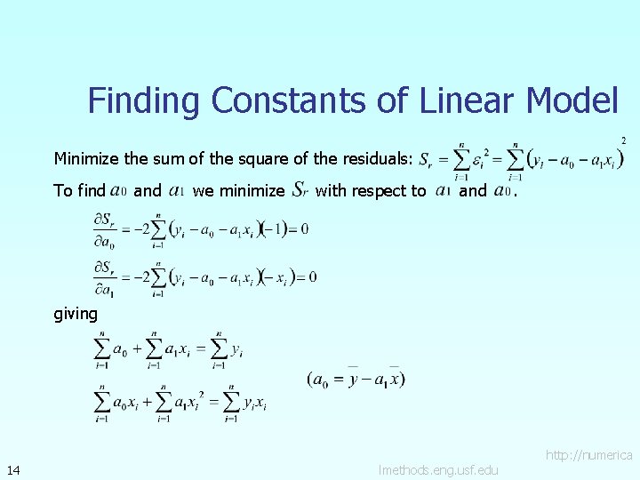 Finding Constants of Linear Model Minimize the sum of the square of the residuals:
