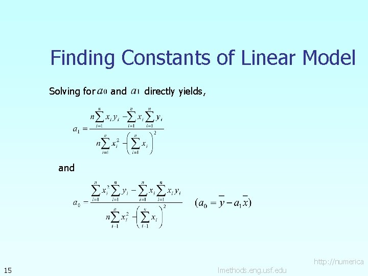 Finding Constants of Linear Model Solving for and directly yields, and 15 http: //numerica